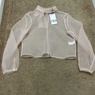 Zara (Japan) Chiffon Sheer Long Bell Sleeve Tie Neck Top Baby Pink New W Tags