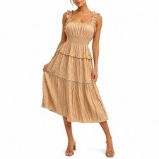 Fig and Flower Midi Dress Womens 2X Yellow Festival Boho Peasant Tiered Boho