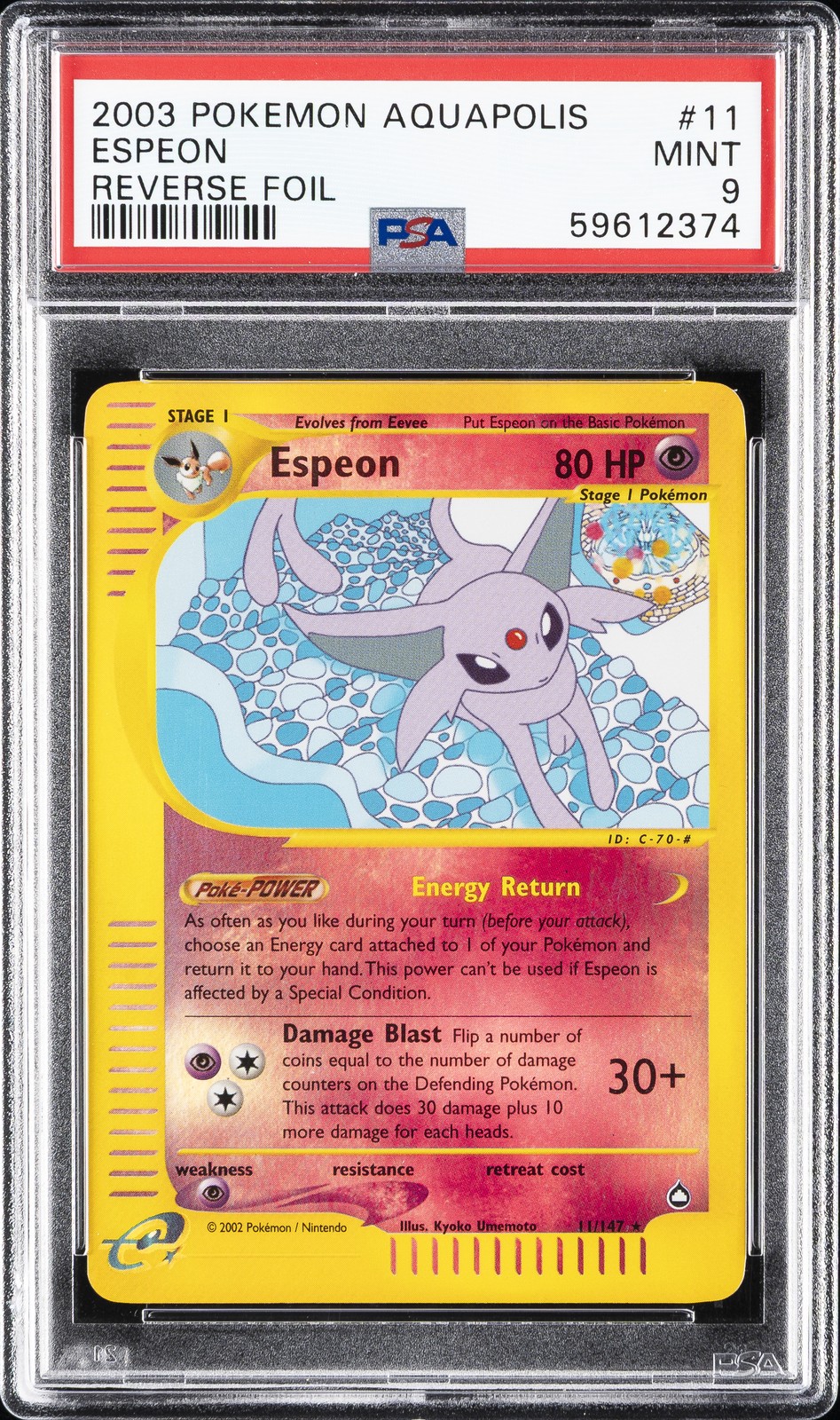 2003 POKEMON AQUAPOLIS #11 ESPEON-REVERSE FOIL PSA 9