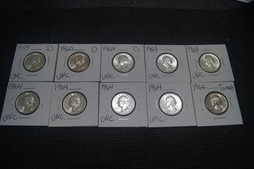 LOT OF ( 10 ) UNCIRCULATED 1954 - 1964 D 90% SILVER WASHINGTON QUARTER FAST SHIP