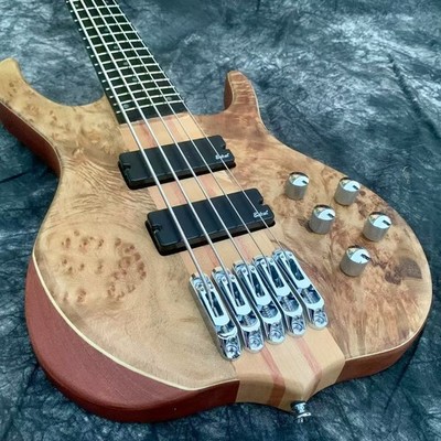5 String Electric Bass Natural Burl Maple Top Active Pickups Chrome Bridge