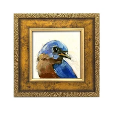 Original Oil Painting Blue Bird Portrait Gold Framed Bird Art Made to Order