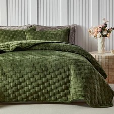 Velvet Quilt Set Size, Luxury Geometric Check Pattern Quilts Queen Olive Green