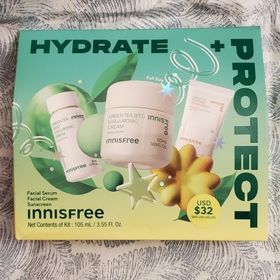 Innisfree Hydrate + Protect Skincare Set Green Tea Seed Serum Cream Daily UV NEW