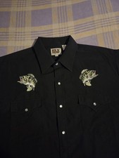 Ely Cattleman Western Cowboy Black Fish Long Sleeve Pearl Snap Shirt XL 90s