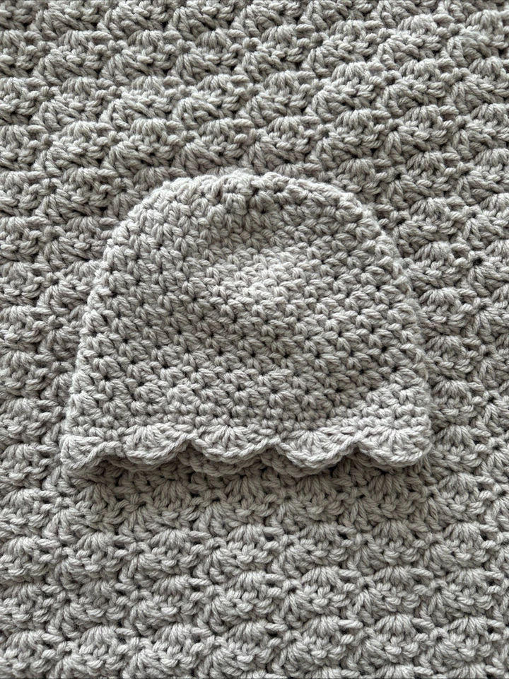 Handmade Crochet Baby Blanket Two Beanies Set 36” x 34” Newborn - 6 Month Hats - Image 4 of 4