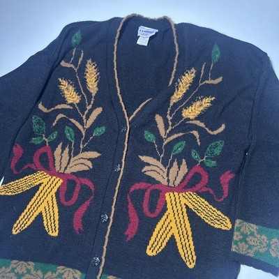 J. J. Poole Black Wheat Bows Embroidered Knit Cardigan Sweater Women's Large