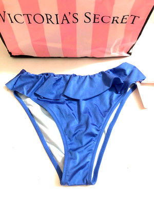 Victoria's Secret High Waist Ruffle Swim Bikini Bottom Blue NWT