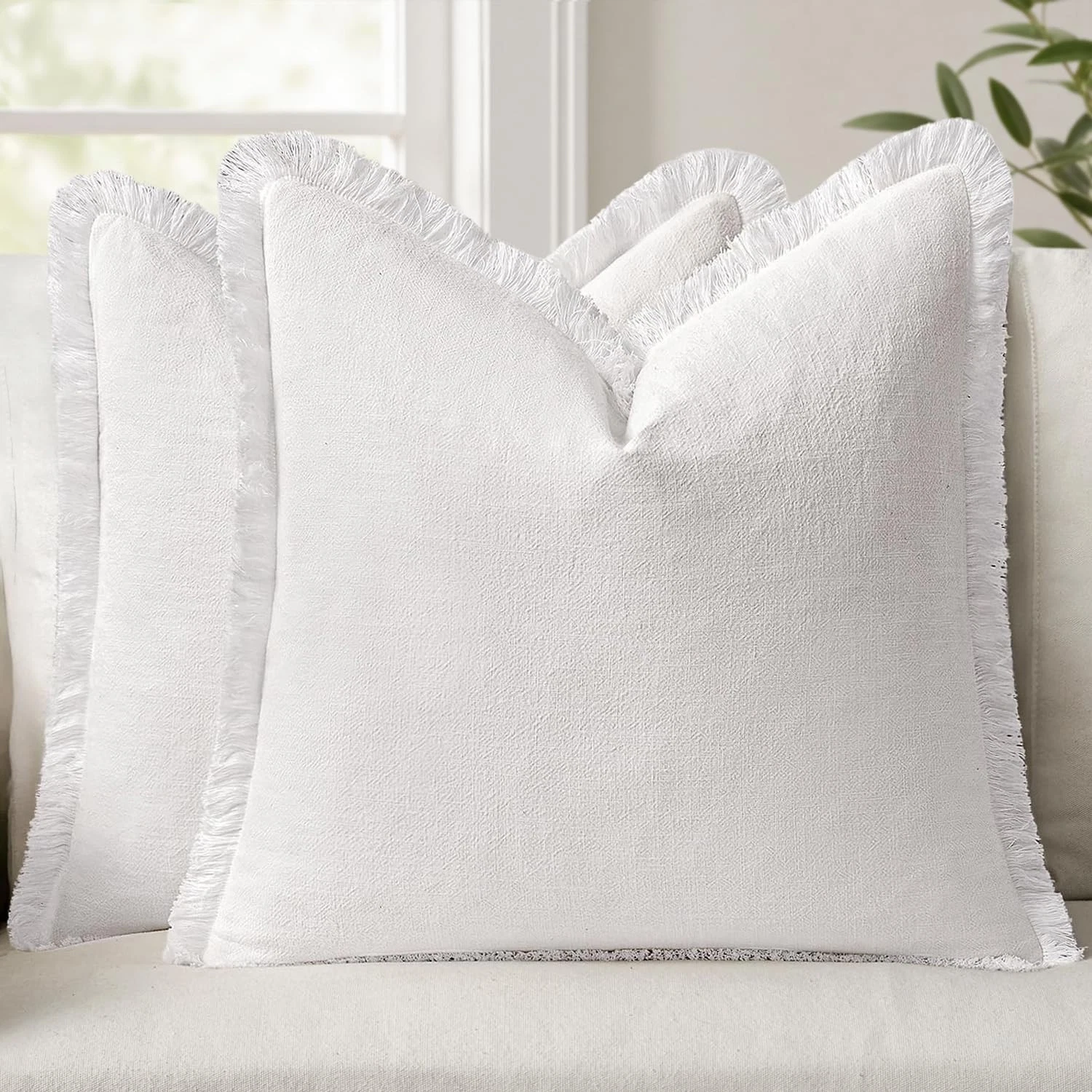 Set of 2 Decorative Throw Pillow Covers 20×20 Inch Soft Linen Fringe Farmhous...