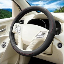 Car Steering Wheel Cover 15 Inch Genuine Leather Breathable Blackred Line