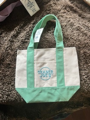 Trader Joe's Mini Reusable Foldable Canvas Tote Bag Green Beige Small