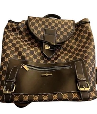 Wendy Keen Bucket Backpack Brown/Carmel Leather Signature Monogram- NWT