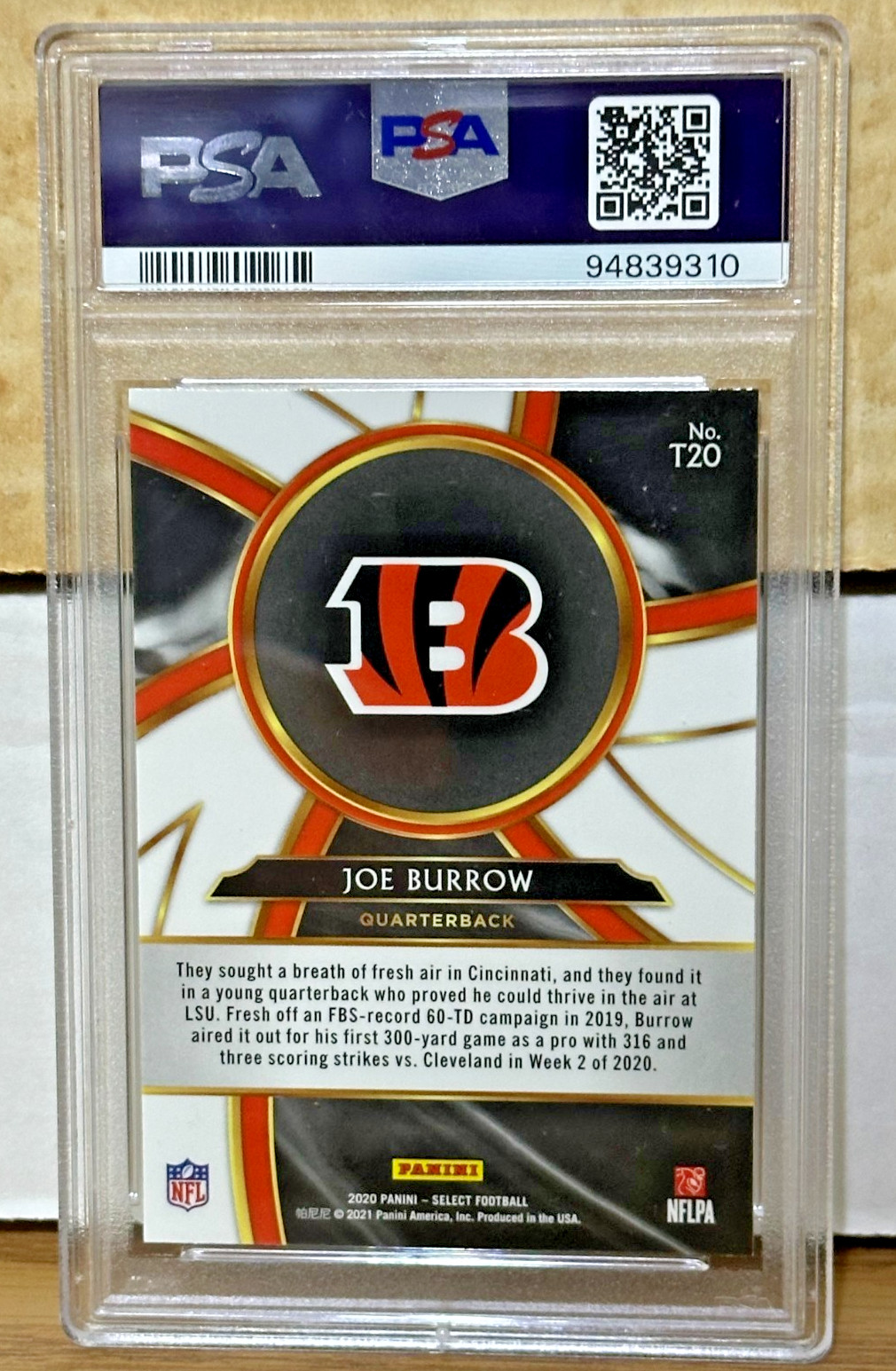 2020 PANINI SELECT JOE BURROW #T20 TURBOCHARGED GEM MINT 10 BENGALS ROOKIE RC view 2