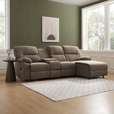 3 Seater Manual Recliner Brown Linen Fabric with Chaise and Centre Console
