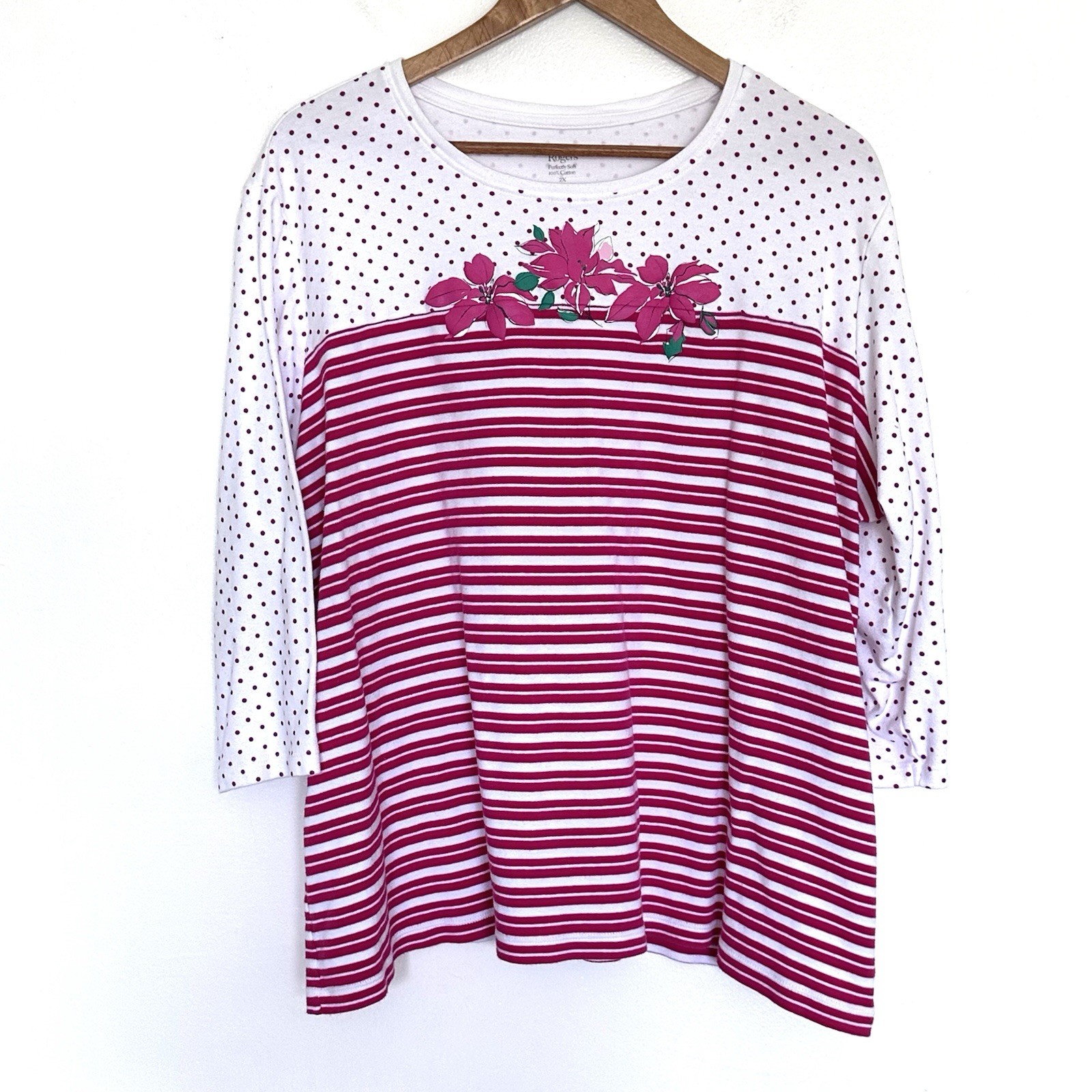 Kim Rogers Plus Shirt Women’s 2X Floral Striped Cotton 3/4 Sleeve Pullover Top