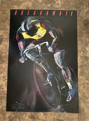 Vintage Terry Rose Signed Cycling Breakaway Lithograph Art Print Poster