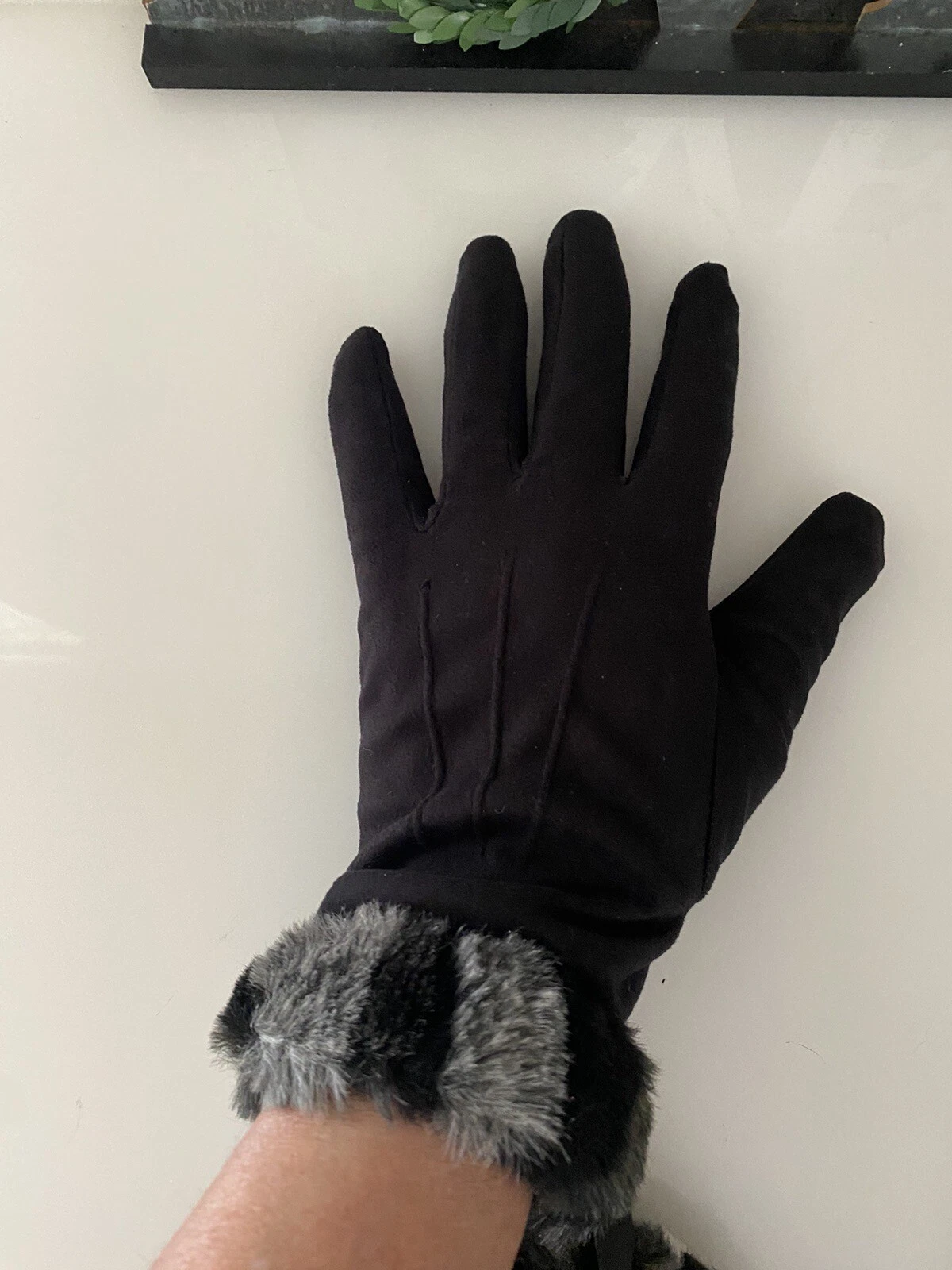 Vintage XS Women's Faux Fur Trim Gloves Winter Warm Black Gray Animal Print New