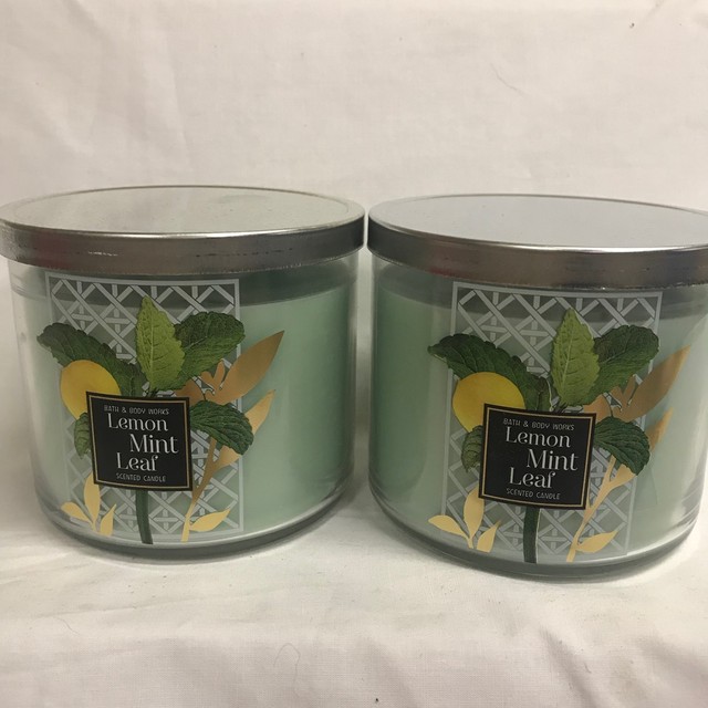 Bath & Body Works (2) LEMON MINT LEAF 3 Wick Jar Candle w/ Lid 14.5 oz