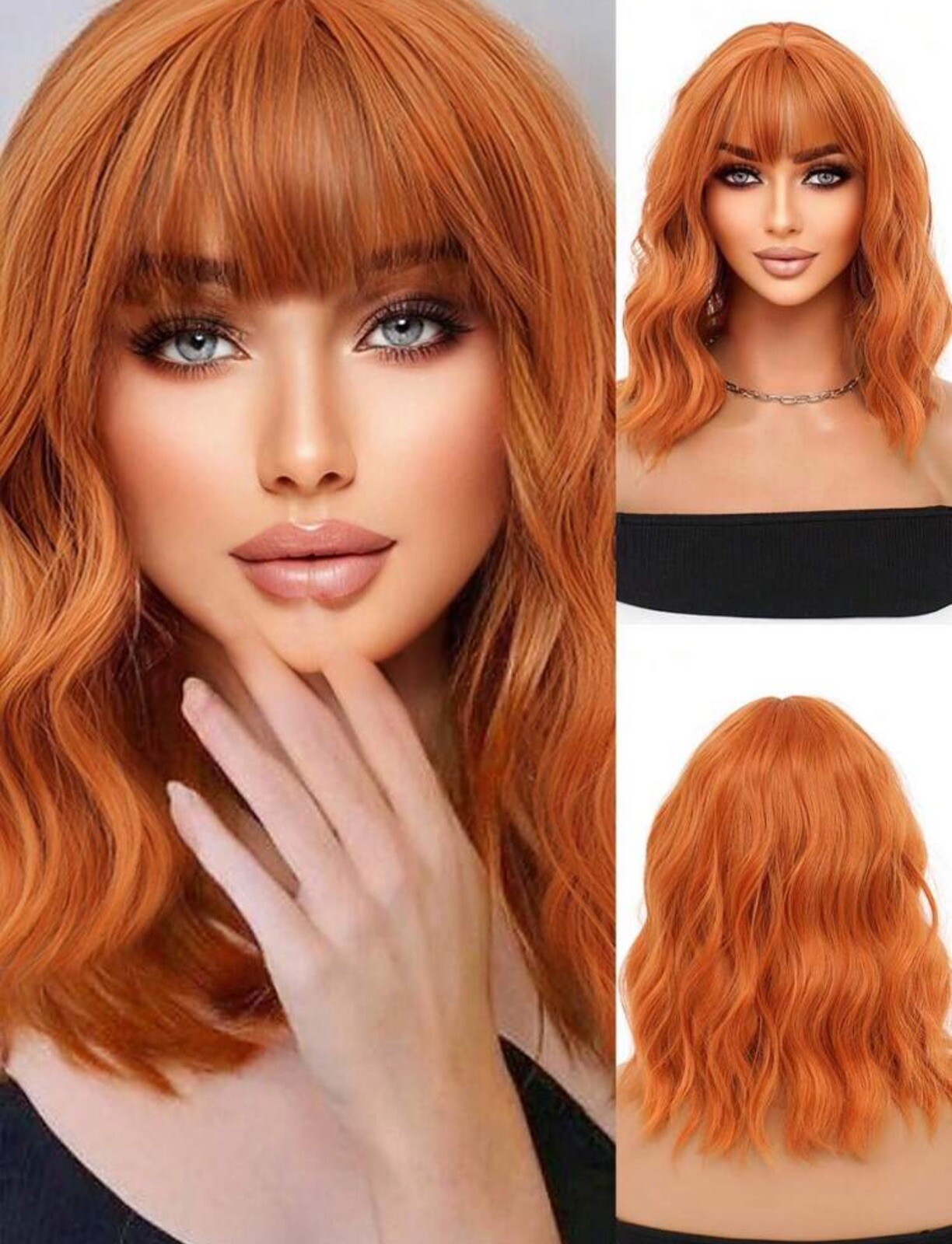 Perruque synthétique courte rousse bouclée rutilante avec kit de fixation pour femme