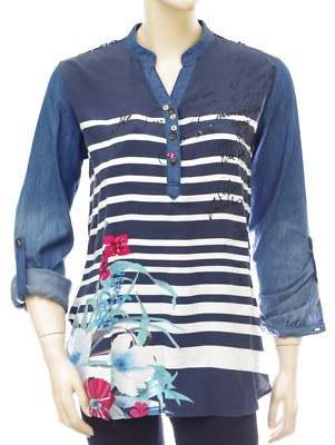 DESIGUAL BLUSE JUDITH Shirt Streifen Spitze Jeans Damen 18SWBW07 5000 blau 