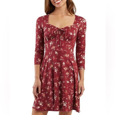 NWOT BCX Maroon Floral Unlined Tie Detail Pullover 3/4 Sleeve Dress Size Small