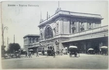POSTCARD LIVORNO TRAIN STATION TRAIN TRAM ANIMATED TUSCANY LANDSCAPE