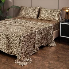 Luxury Satin Sheet Set Leopard Pattern Silky Bed Sheet Ultra Soft Wrinkle Free