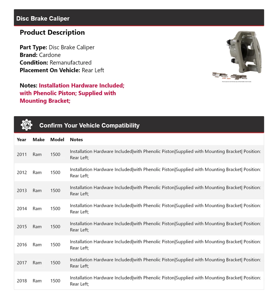 For 2011-2018 Ram 1500 Disc Brake Caliper Rear Left Cardone 2012 2013 2014 2015 - Image 2 of 4