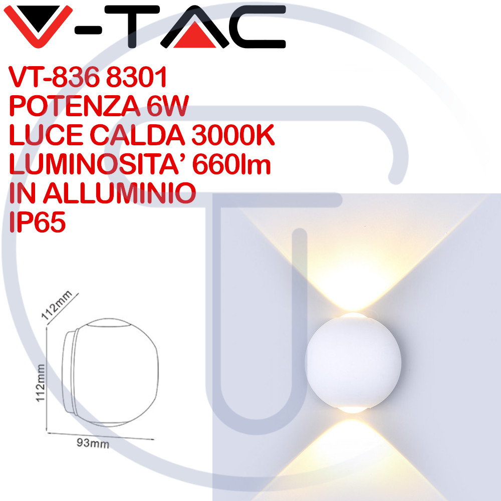 V-TAC VT-836 8301 Lampada LED Parete Muro Sfera 6W Doppio Fascio Bianco 3000K