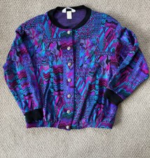 vintage blair boutique colorful 80  s Look womens sweater shoulder pads Button Up