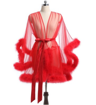 Women Sexy Tulle Feather Robe Lingerie Nightgown Bathrobe Lace-up Sleepdress
