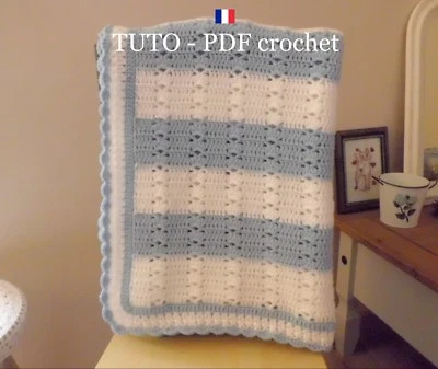 PDF CROCHET - Plaid blanc / bleu aux jolis points fantaisies, Tuto en Français ! - Photo 1/4