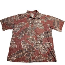 Vintage Hawaiian Made In Hawaii Short Sleeve Button Up Red Leaves Cotton SZ:L