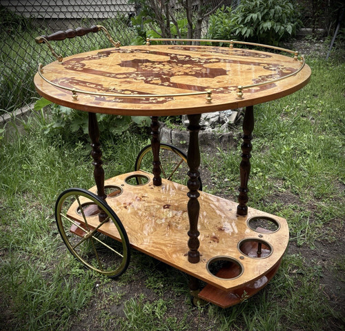Vintage Hollywood Regency Italian Drop Leaf 2 Tier Marquetry Cocktail Bar Cart