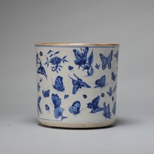 Chinese 19C Bleu de Hue Bitong Butterflies Flowers Cobalt Blue Vietnamese