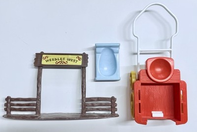 Vtg 1974 Weeble Wobble Accessories West Ranch Wagon 1973 Bed 3 Pieces 70s Hasbro