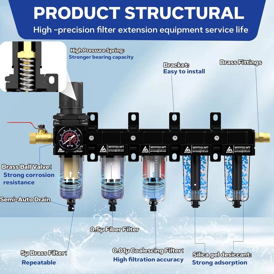 Filtro de aire de 5 etapas regulador secador 3/8" NPT desecante trampa de agua compresor de aire Foto 3 de 4