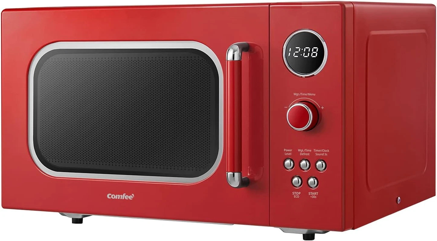 Stylish Retro Red Microwave - 900W, 9 Presets, LED Display, Eco Mode