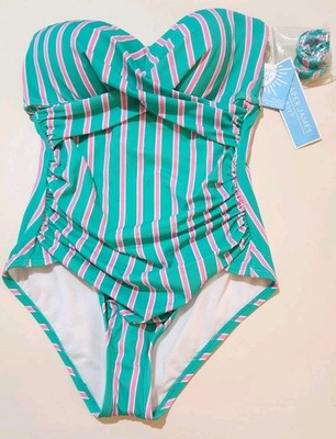 New Women's Sz XS Draper James RSVP One Piece Swimsuit Green/Pink Stripe Ruching