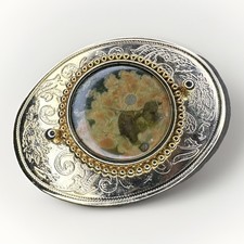 South Western Moss Agate Gemstone Belt Buckle Gold Oval Cowboy