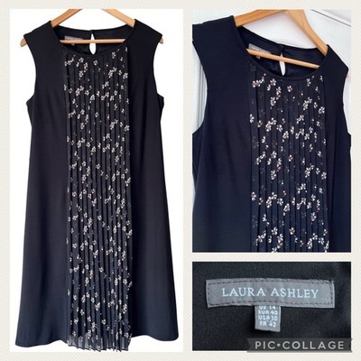 LAURA ASHLEY Tunika Kleid Gr. 14 schwarz Plissee gefüttert Etuikleid Büro 60er Style Mod