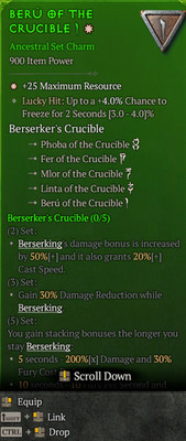 Charm Berserker's Crucible Full set 125 Max Resource Diablo 4 S14