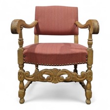 French Carved Oak Armchair - Antique Continental Upholstered Wooden Accent Chair