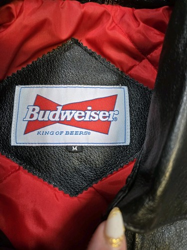 Vintage Budweiser Nascar schwarze Lederjacke karierte Ärmel Größe Medium Bud - Bild 3 von 14