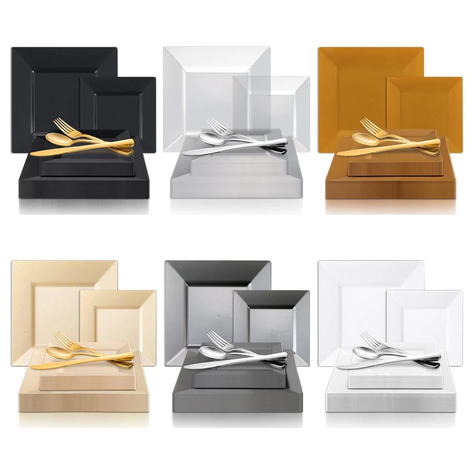 Juego de vajilla de plástico desechable paquete de fiesta de boda borde de diseño cuadrado grande Foto 2 de 2