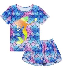 Girls Mermaid Pajama Set 2 pc Summer Sleepwear Fish Scale Print Short Sleeve NEW