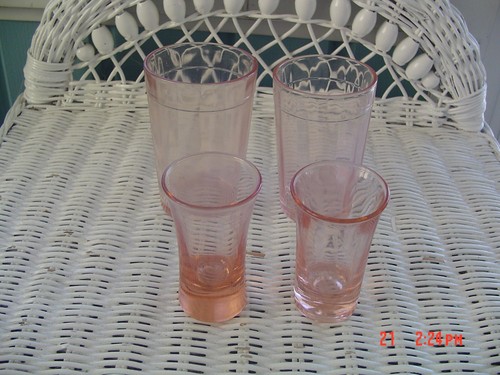 2 -Vtg Pink Glass Tumblers Anchor Hocking 4" Tall & 2 Heavy Bottom Shot Glass