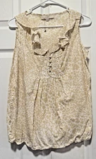 LOFT top shirt blouse S 6 Bust 36 Length 25 White Tan Animal Elastic Hem