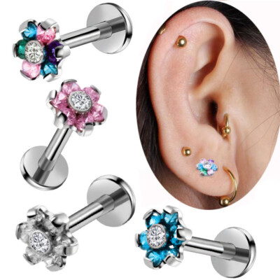 Flower Zircon Labret Ring 8mm Bar Internal Thread Monroe Lip Ear Stud Piercing