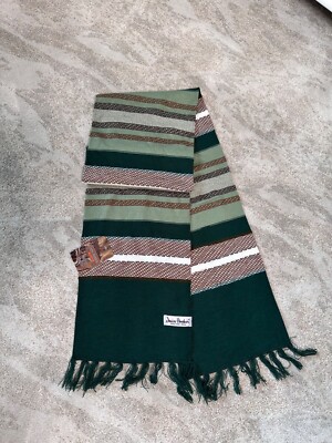Jain Amber Woven 100% Fine Wool Striped Scarf Fringed Hot Muffler Green & Brown
